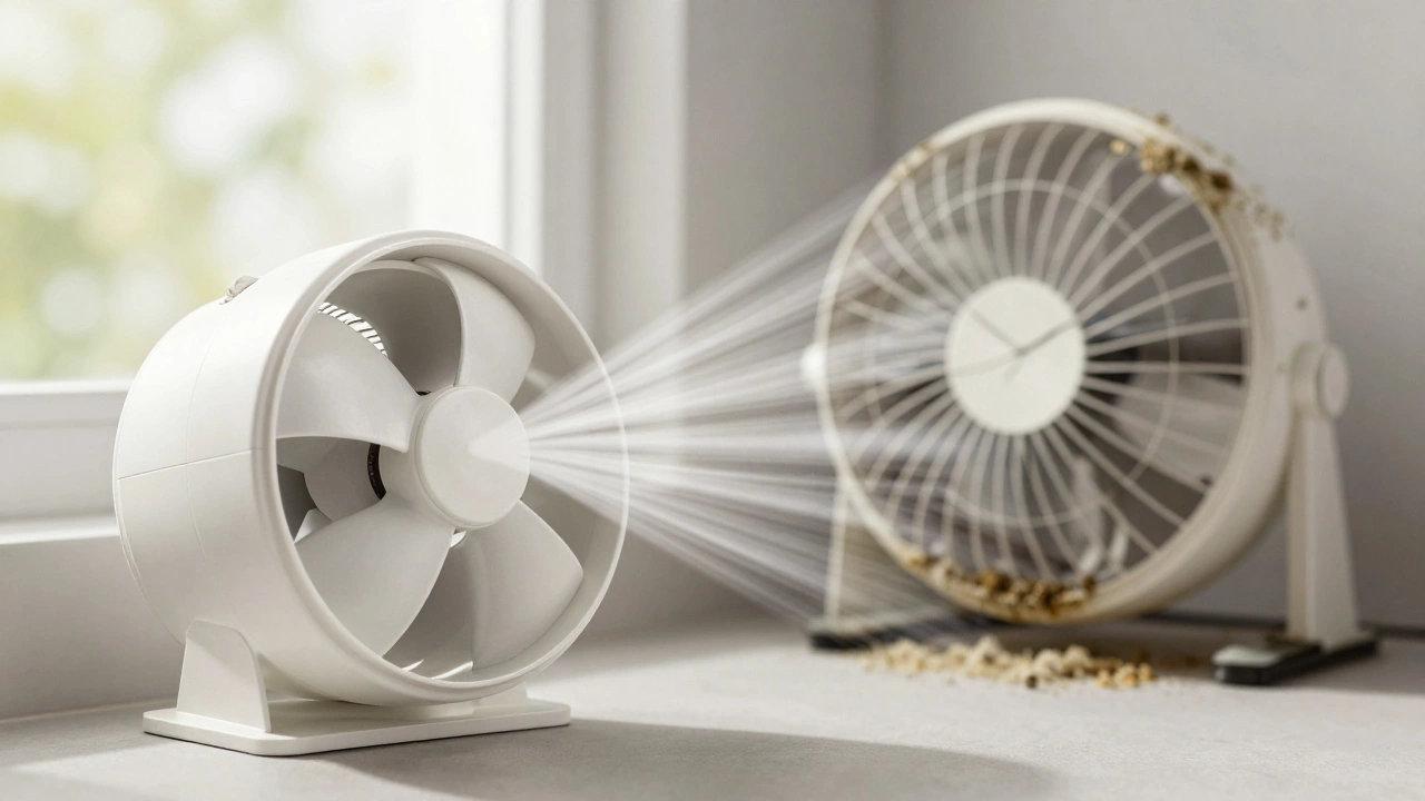 Old working bathroom fan beside a broken, moldy fan, showing contrast in lifespan and care.