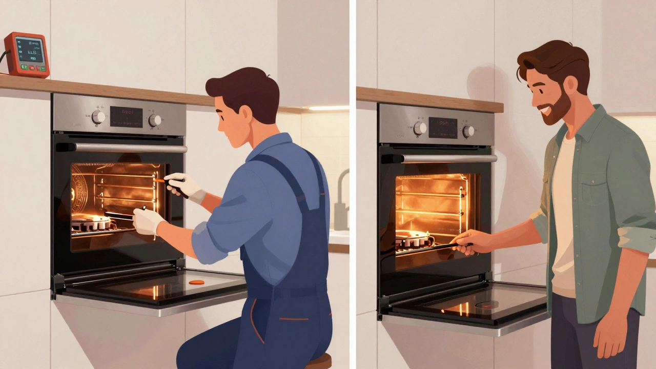 Side-by-side of technician and homeowner repairing an oven, both with glowing oven interior.