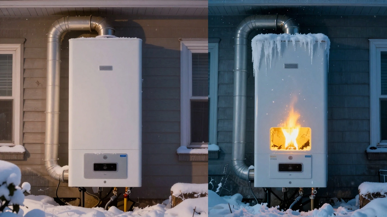 Side-by-side view of a well-maintained boiler versus a neglected one with ice blockage and yellow flame.