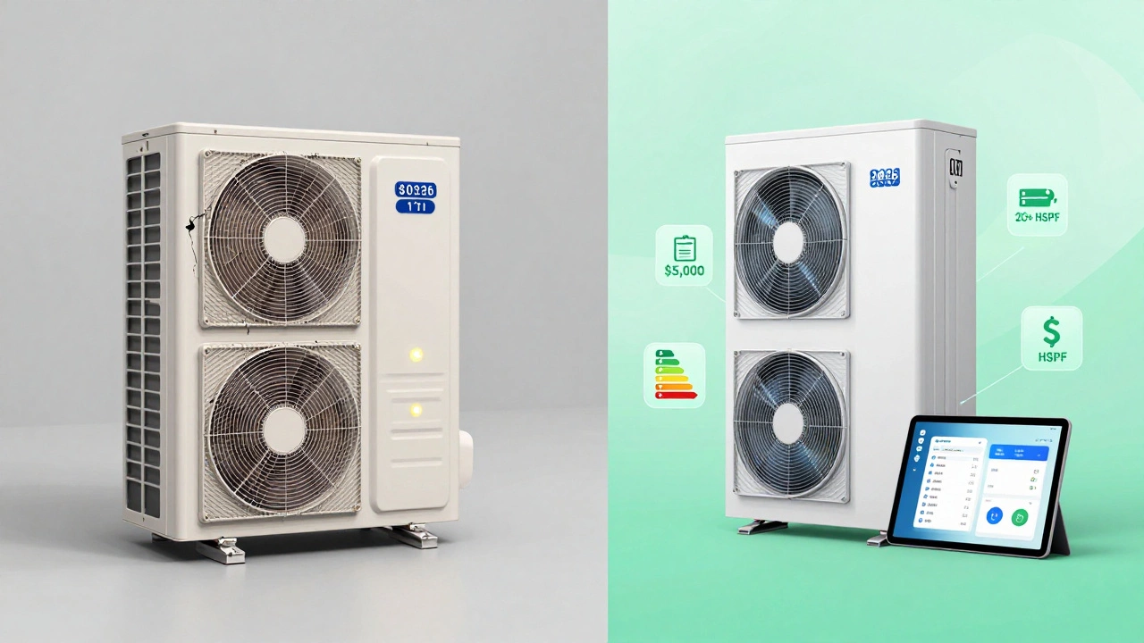 Split illustration comparing an old faulty heat pump to a new efficient model with rebate icons.