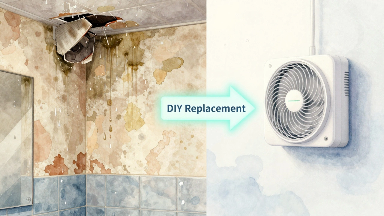 Split image showing moldy old fan versus clean new fan with humidity sensor activating automatically.