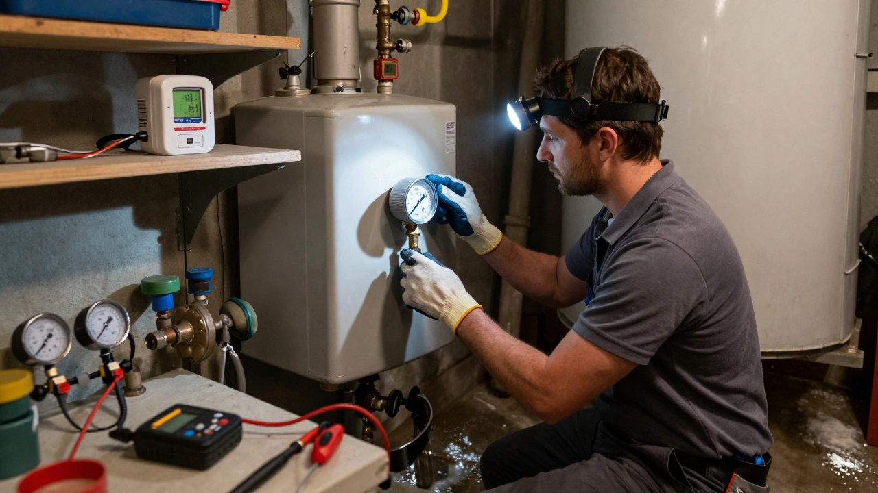 Technician inspecting boiler pressure gauge in a dim basement with safety equipment visible.