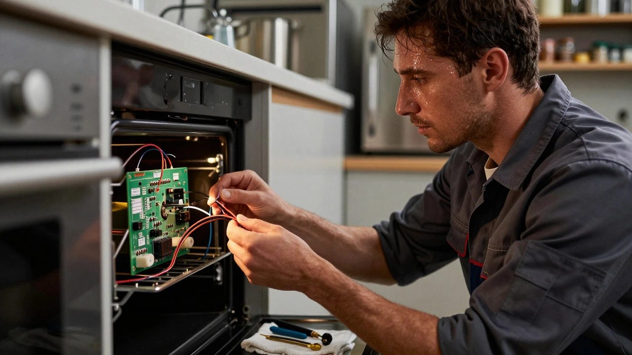 Technician working on oven control board inside cabinet