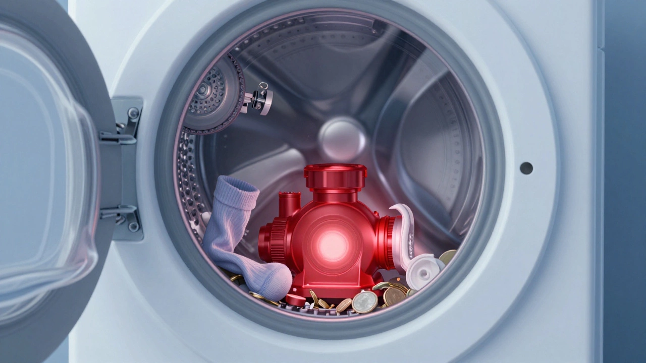 Transparent washing machine showing red drain pump overwhelmed by debris, other parts faded in background.