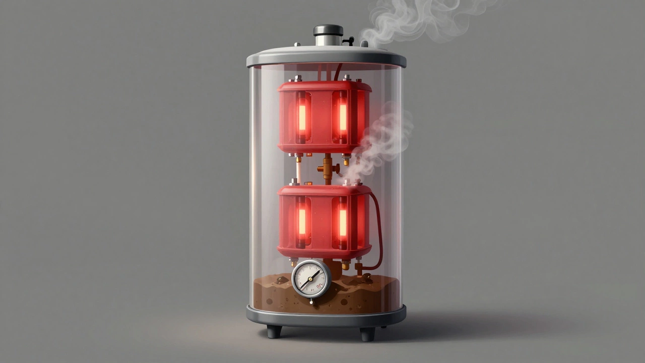 Transparent water heater showing glowing heating elements and sediment buildup inside.