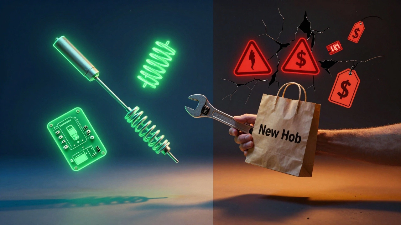 A hob split between repairable green elements and dangerous red warnings, a hand choosing between fixing or replacing.