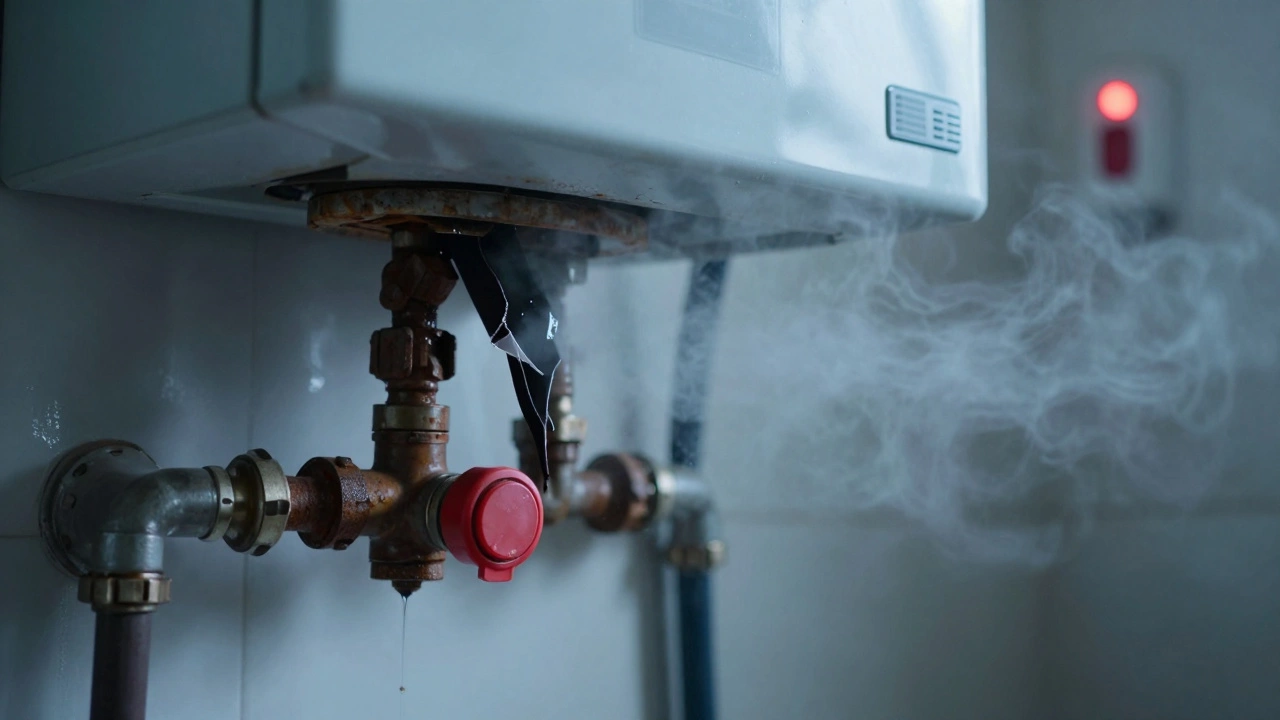 A leaking gas boiler with rust and steam, red emergency button activated, carbon monoxide alarm blinking in the background.