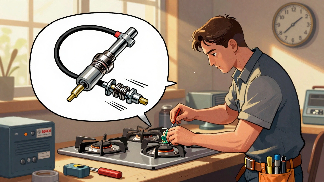 A technician replacing a gas hob's spark module with an exploded diagram of parts nearby.