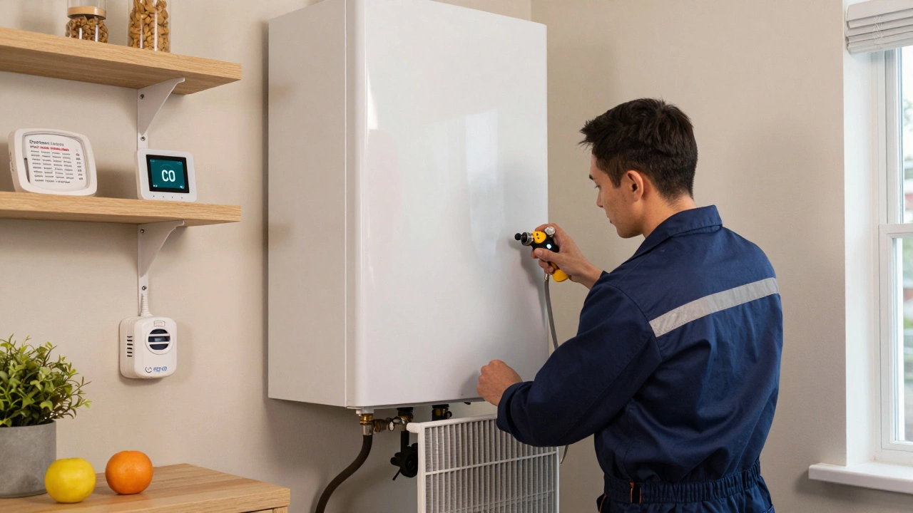 A technician servicing a boiler in an autumn home, checking pressure with a smart thermostat showing 'System Healthy'.