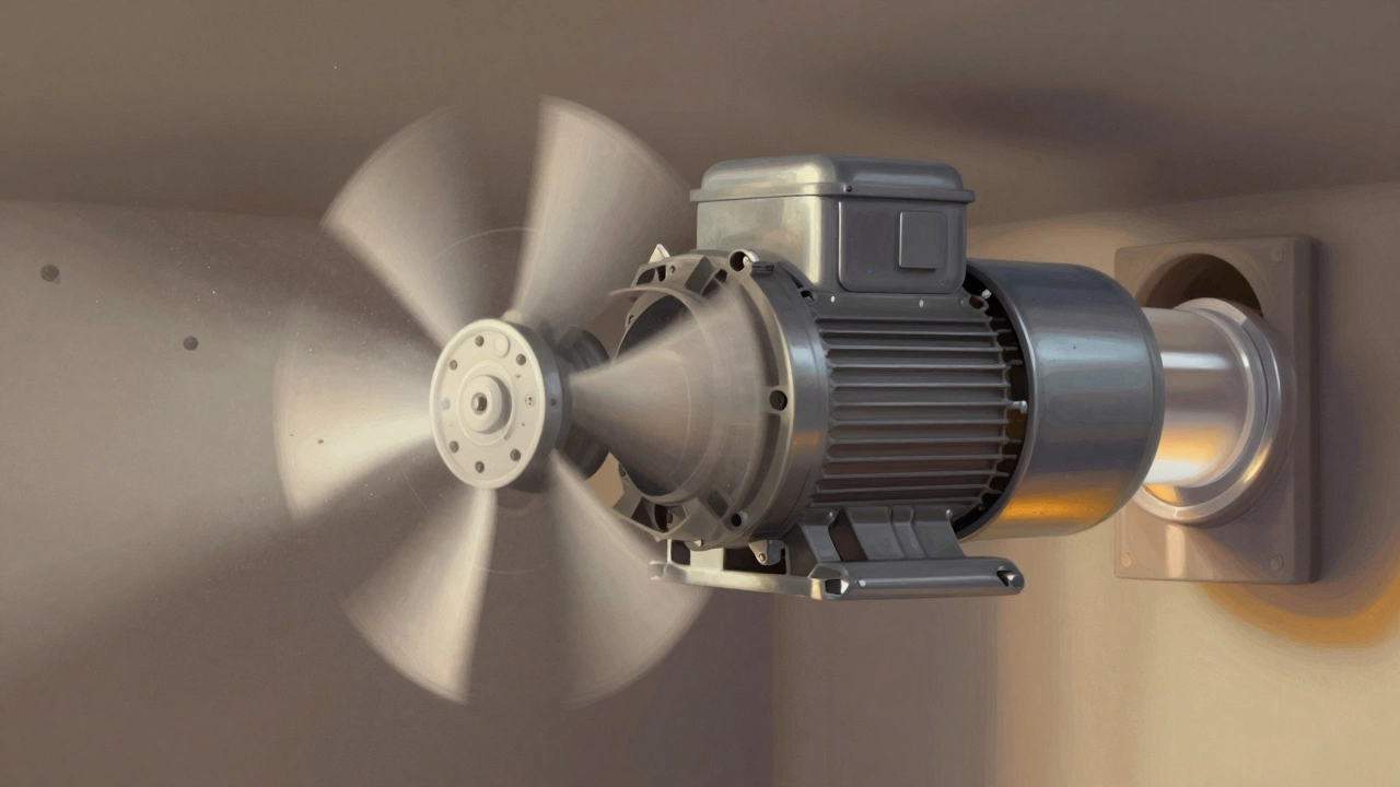 Clean fan blades spinning with dust particles drifting away, revealing internal duct structure.
