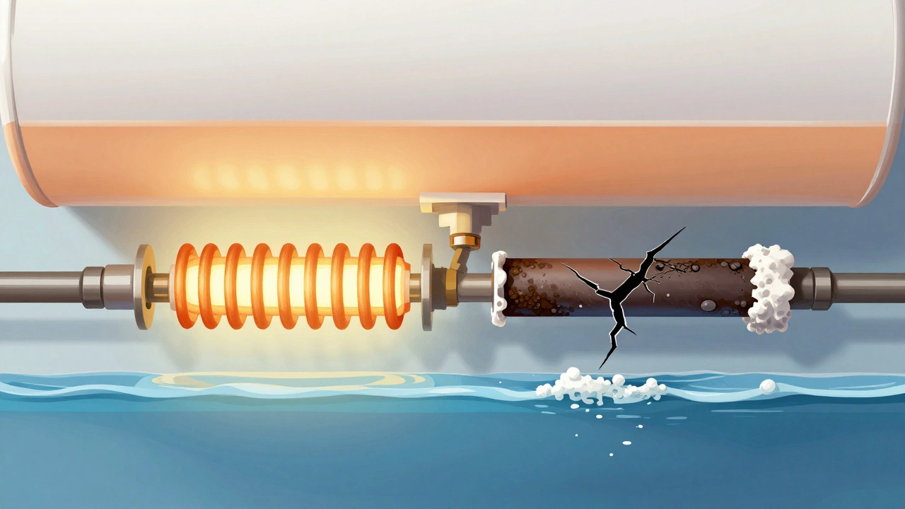 Cross-section of a water heater showing one functional and one failed heating element with mineral buildup.
