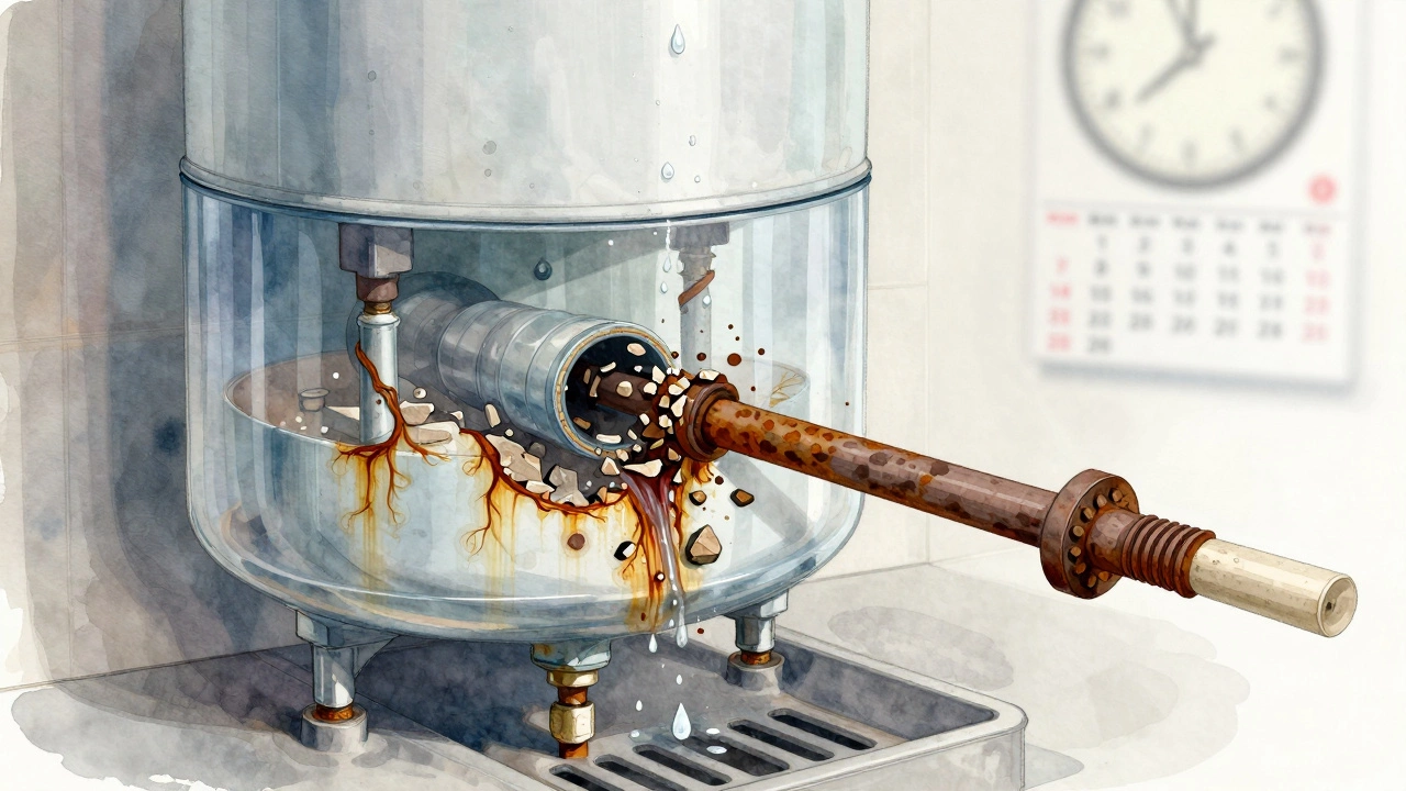 Cross-section of corroding water heater tank with dissolved anode rod and drip into drain pan below.