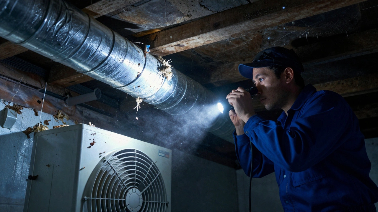 HVAC technician inspecting a clogged attic duct connected to a bathroom fan.