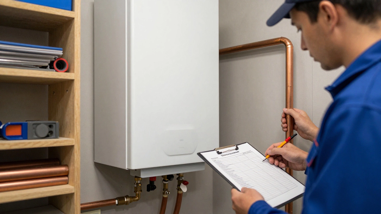 Licensed gas fitter testing a boiler's combustion with diagnostic tools, plumber holding water pipes nearby.