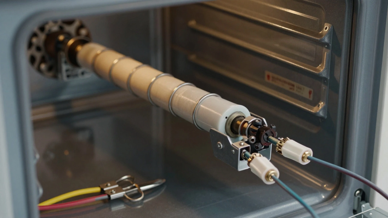 New oven bake element being installed into mounting brackets with wire connectors attaching securely.