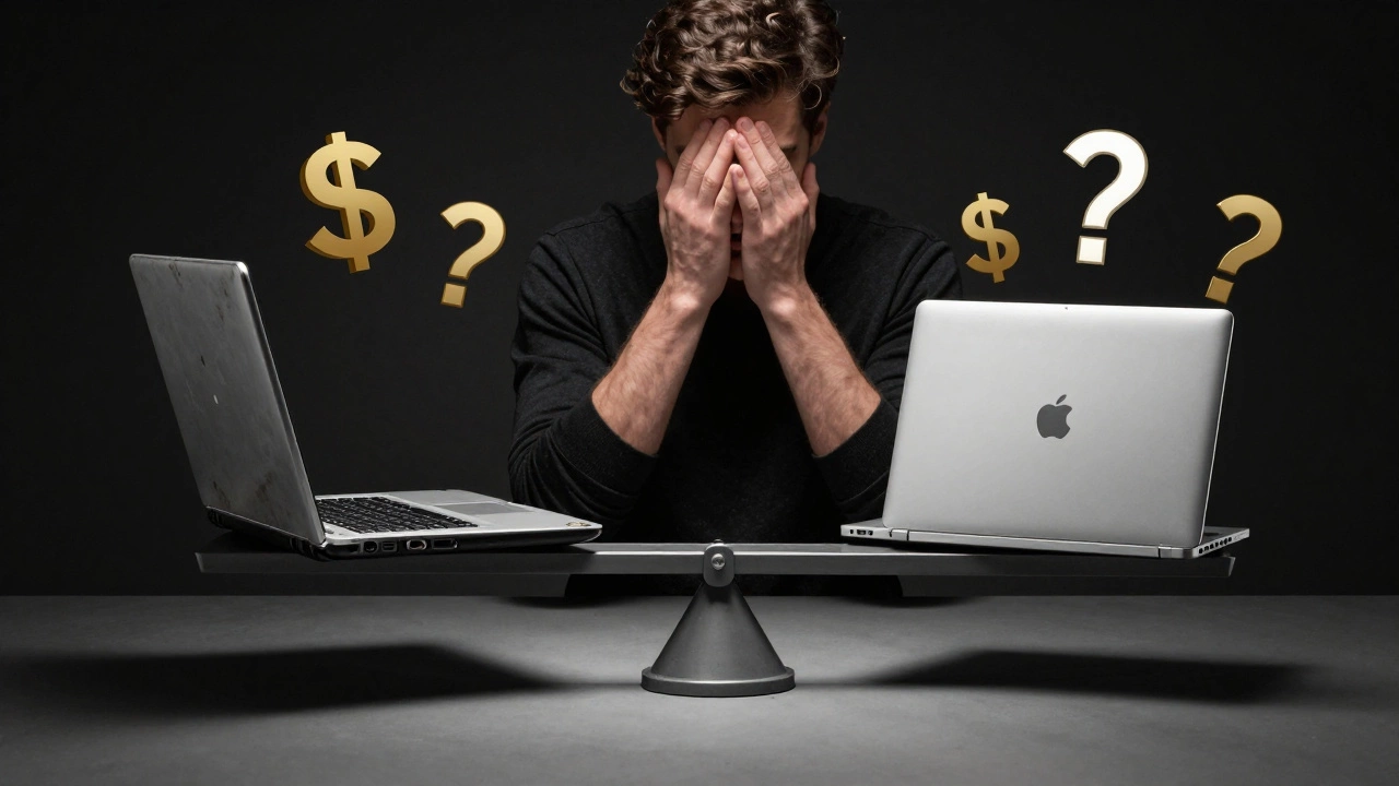 Person comparing old laptop and new model while considering repair vs replacement.