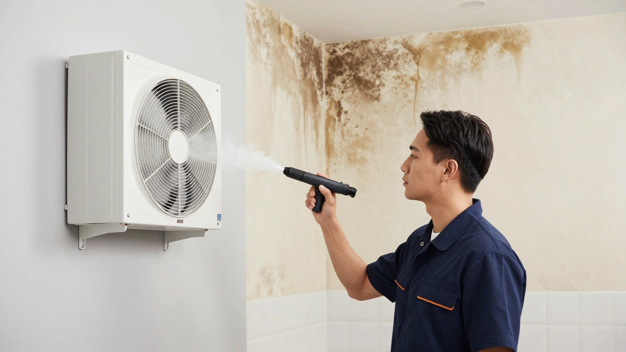 Specialist demonstrating airflow from a new bathroom extractor fan using smoke.