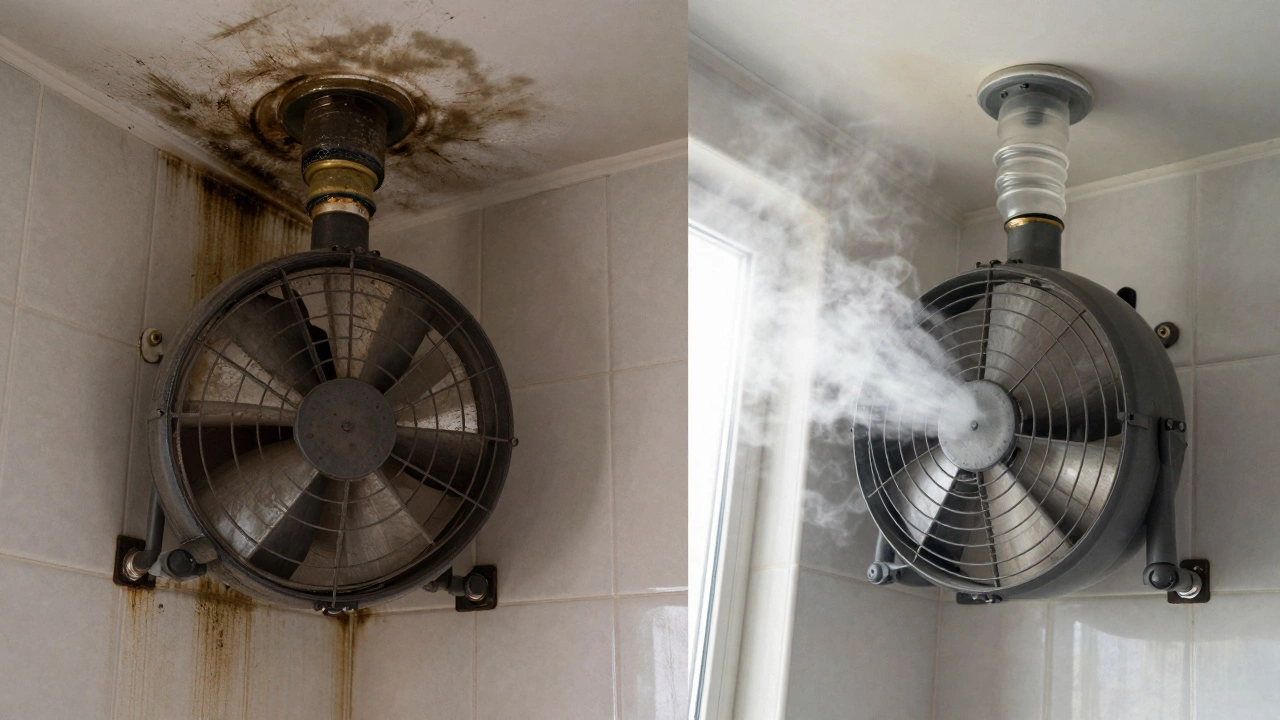 Split image: left shows moldy, clogged fan; right shows clean, efficient fan pulling out steam.