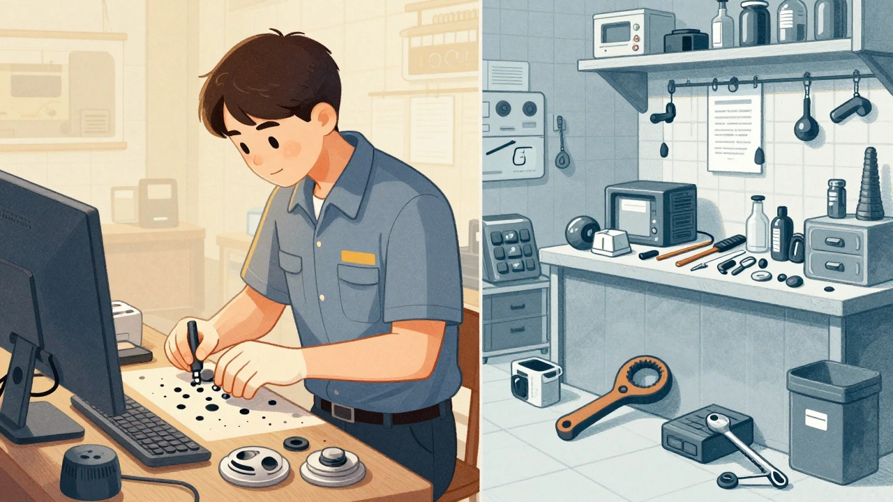 Split view of authorized service center and third-party repair shop technicians working on laptops.