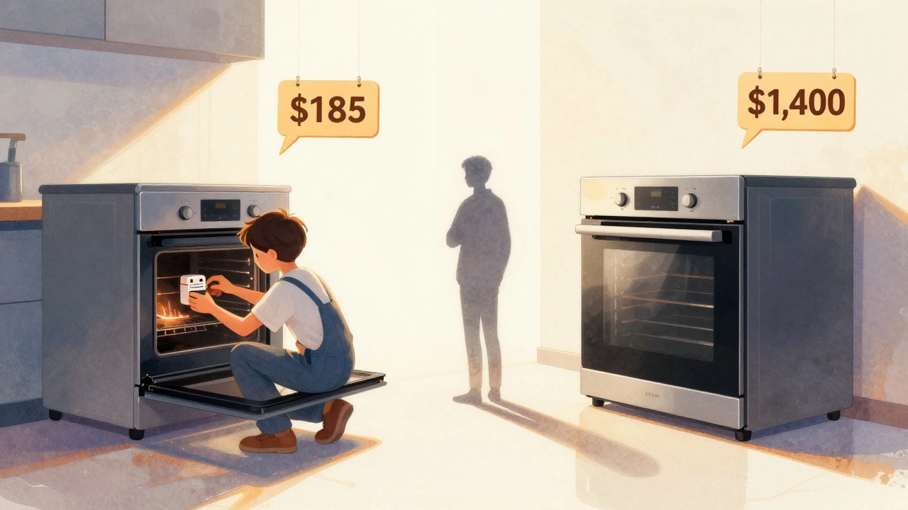 Split visual comparing the cost of repairing an old oven versus buying a new one.