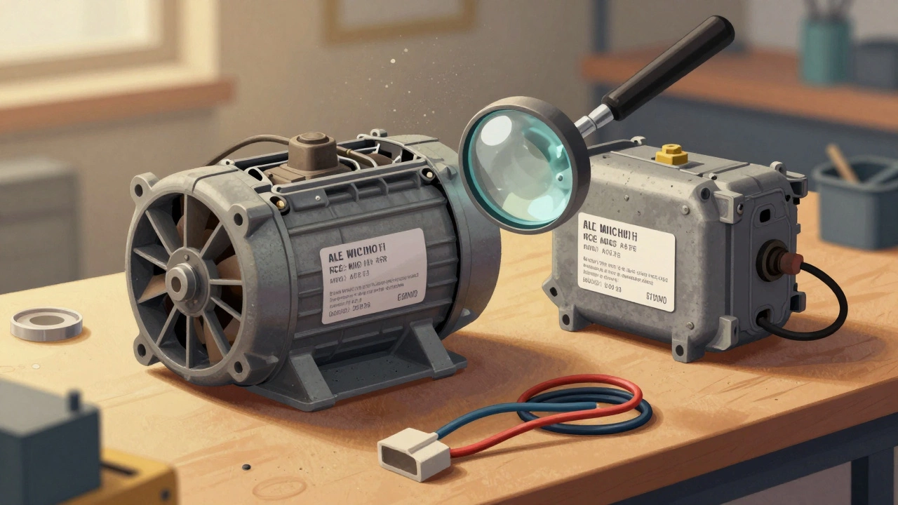 Worn exhaust fan motor being replaced with a new one, model numbers visible.