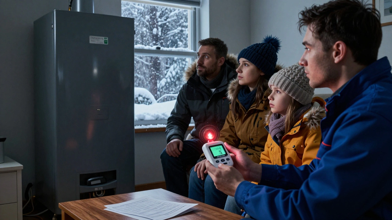 A family in winter coats in a cold home, facing a silent boiler as a carbon monoxide alarm sounds.