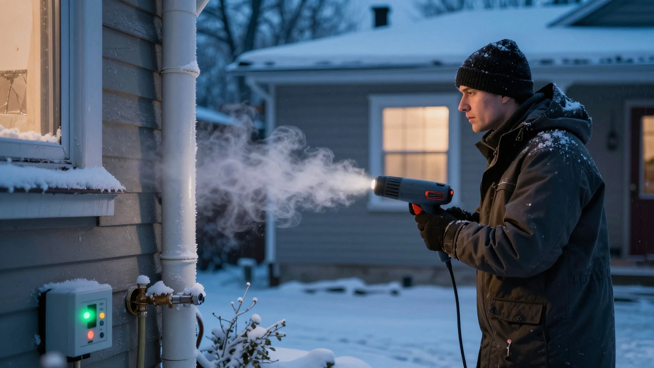 A plumber thawing a frozen condensate pipe outside a Toronto home during winter night.