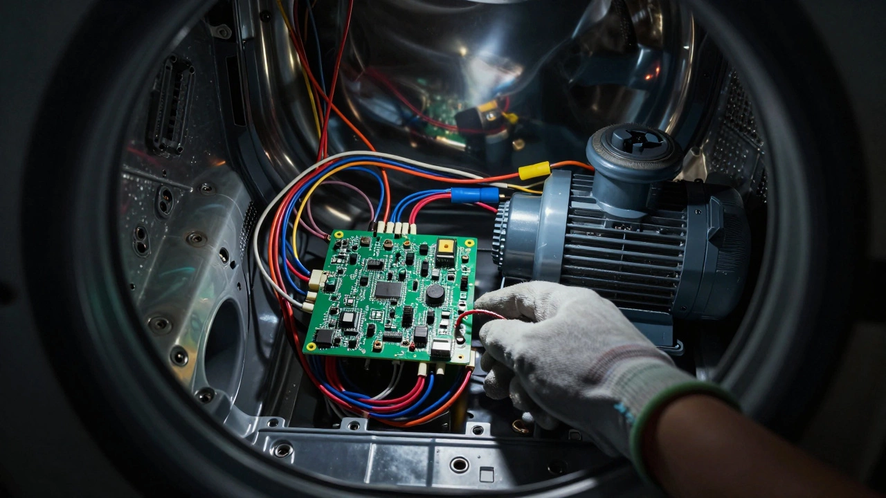 Complex circuit board inside appliance back panel.