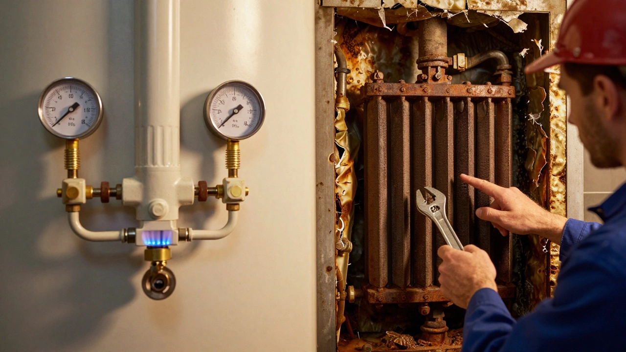 Contrasting image of a clean, well-maintained boiler versus a neglected, corroded one.
