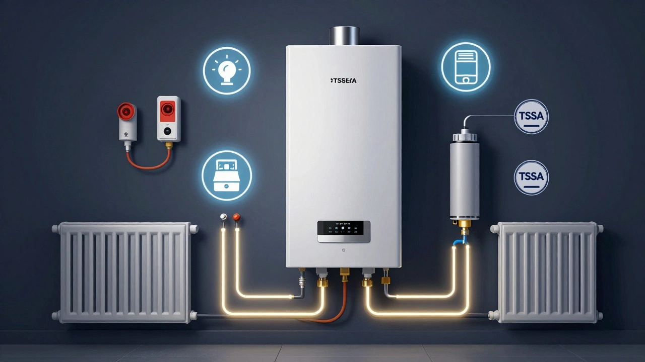 Diagrammatic illustration of a boiler connected to radiators, gas lines, and safety systems.