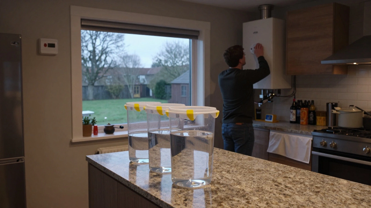 Emergency water containers on kitchen counter for household backup supply
