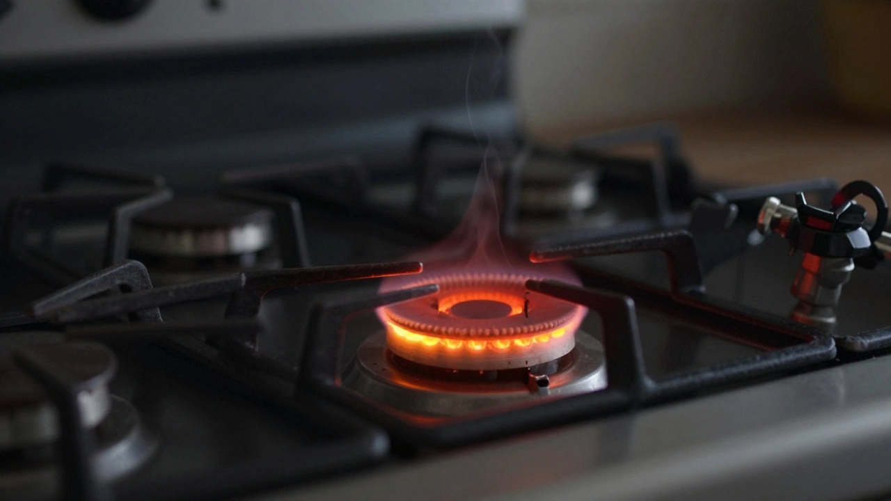 Gas oven igniter glowing weakly without flame, suggesting a dangerous gas leak issue.