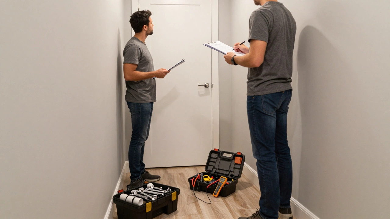 Homeowner with tool kits inspecting bathroom for insurance claim