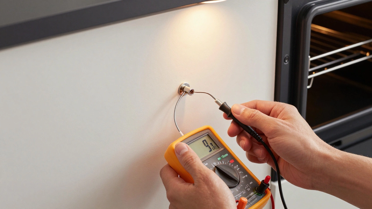Person testing oven temperature sensor with a multimeter, sensor visibly bent near the oven wall.