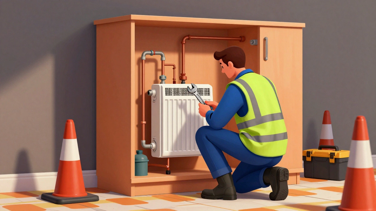 Plumber installing boiler with tools and exposed copper pipes in utility room