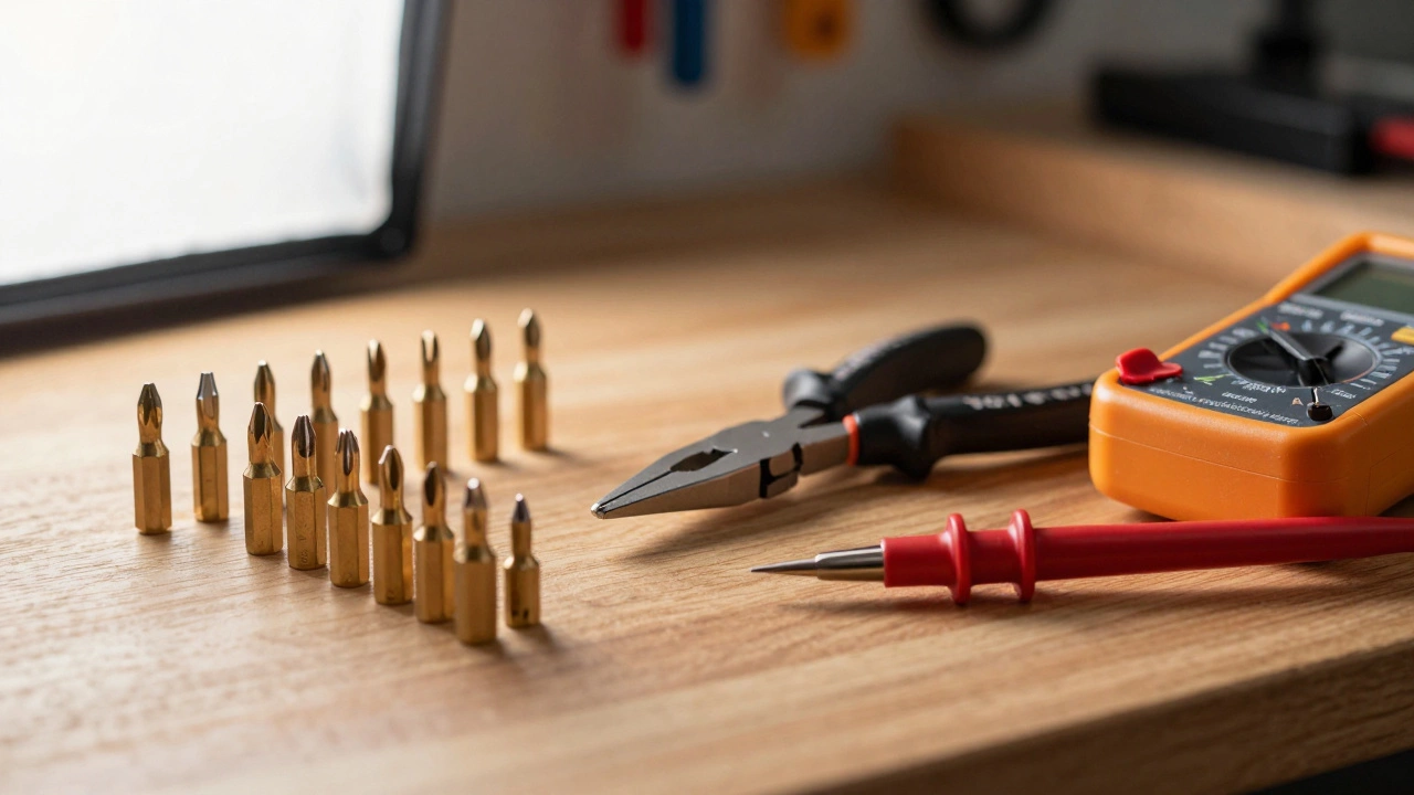 Set of repair tools including multimeter on table.