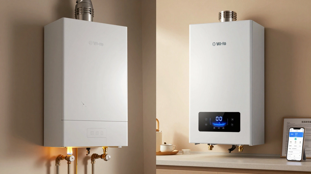 Side-by-side: an aging boiler versus a modern efficient model with smart features and blue flame.