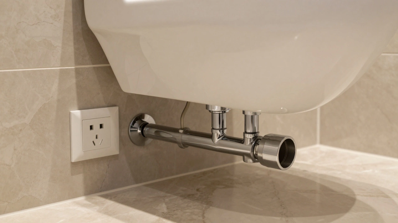 Smart toilet installation showing plumbing and electrical connections