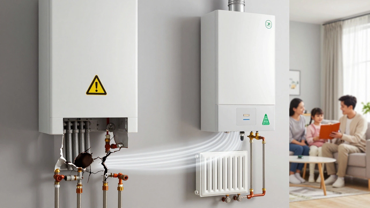 Split image: an old, dangerous boiler on one side, a new efficient boiler warming a home on the other.