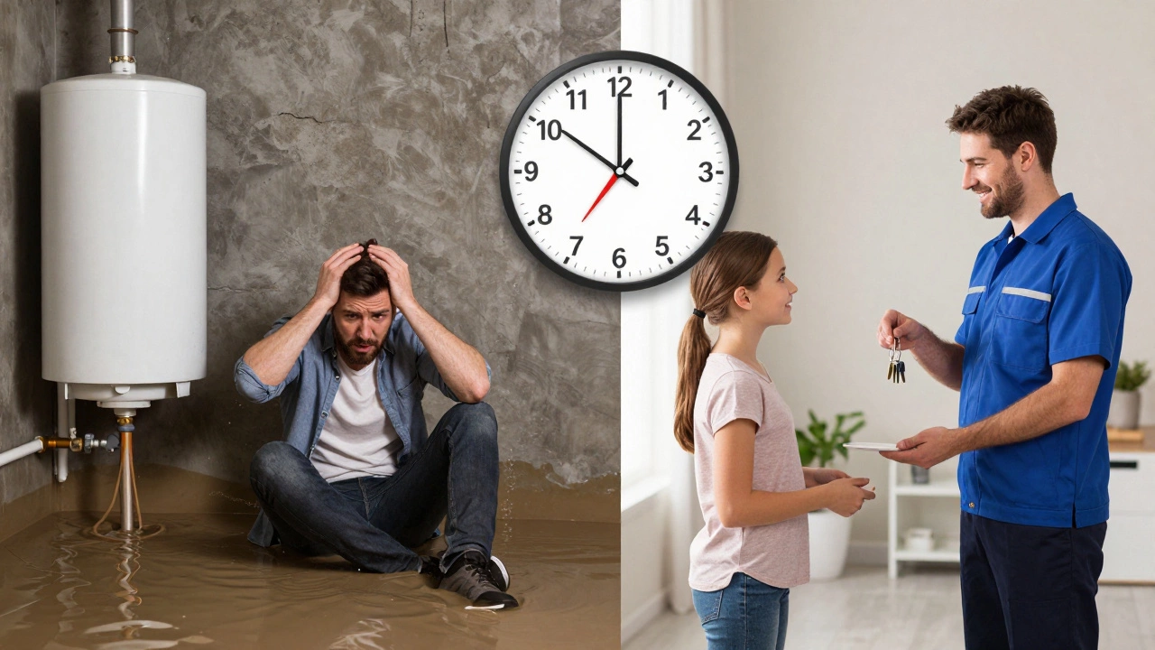 Split image contrasting a flooded, chaotic water heater failure with a clean, professional replacement.