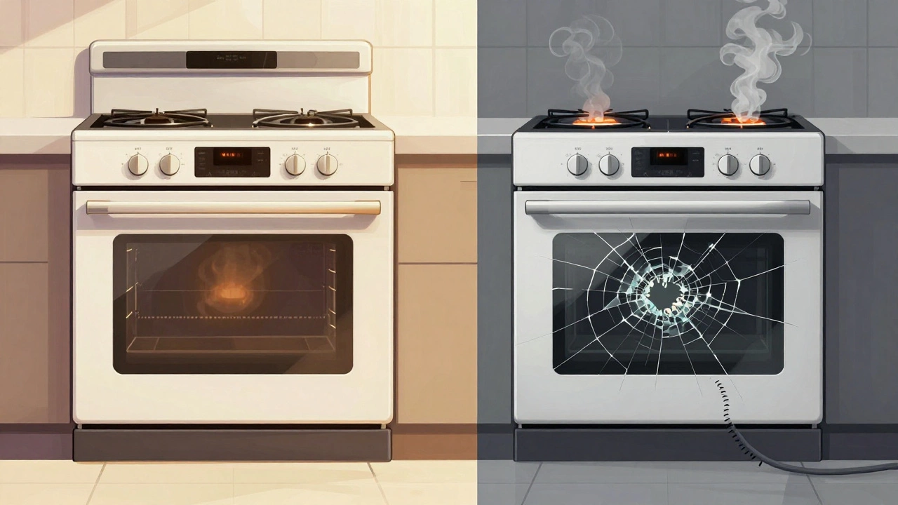 Split-screen view comparing a well-maintained oven to a damaged one, highlighting maintenance vs. neglect.