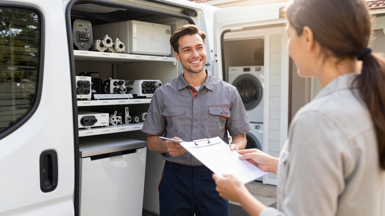 Technician handing a repair report to a homeowner at their doorstep, van loaded with parts behind them.
