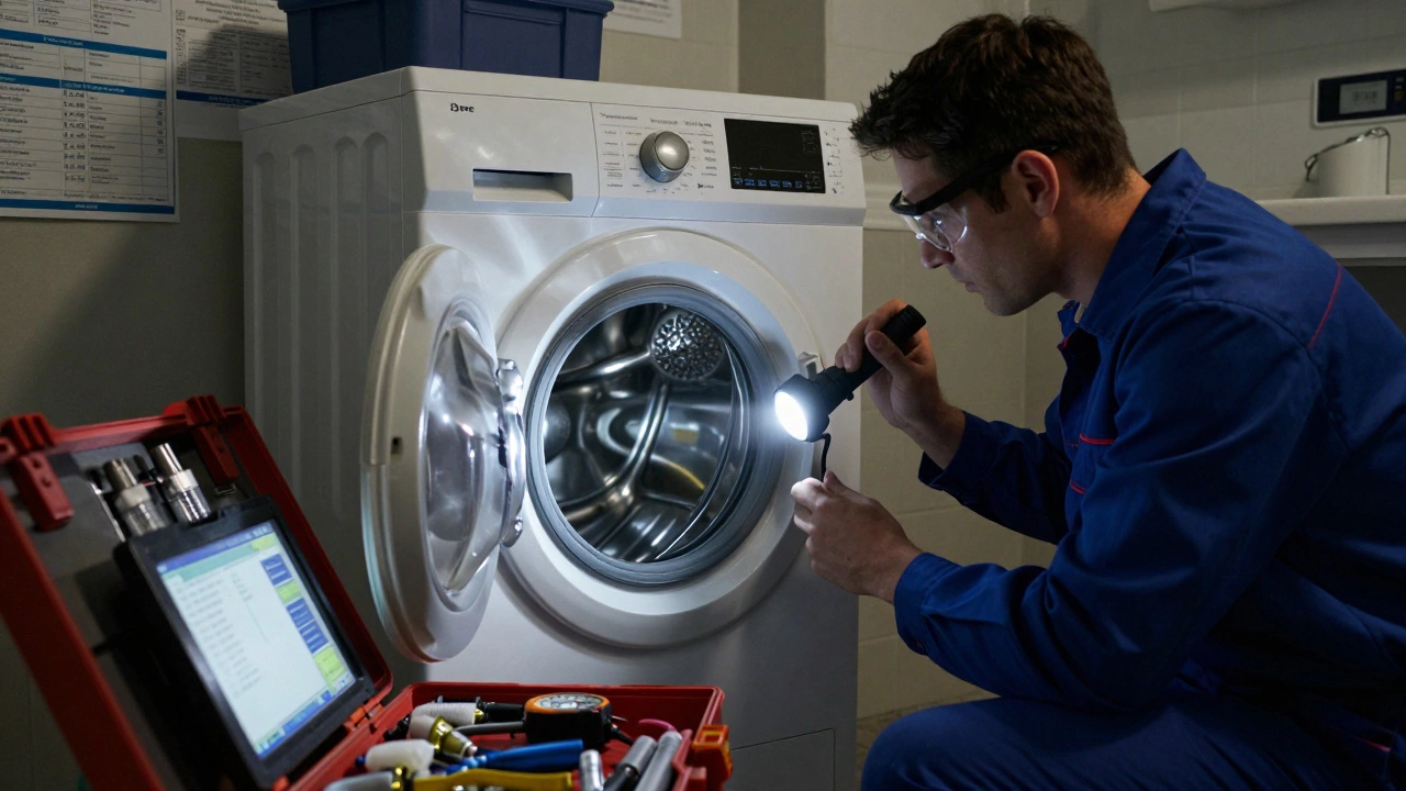Technician inspecting a washing machine leak with flashlight and tools in a dim laundry room.