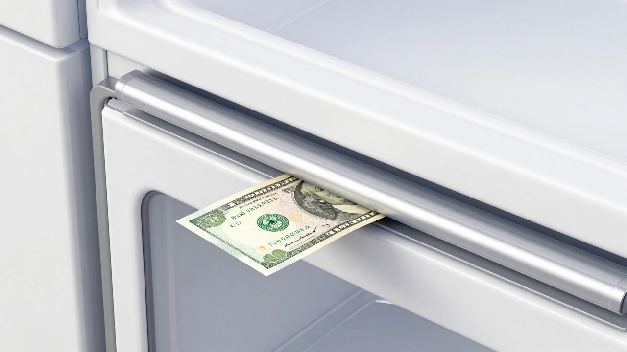 A banknote being used to test the seal of a freezer door gasket.