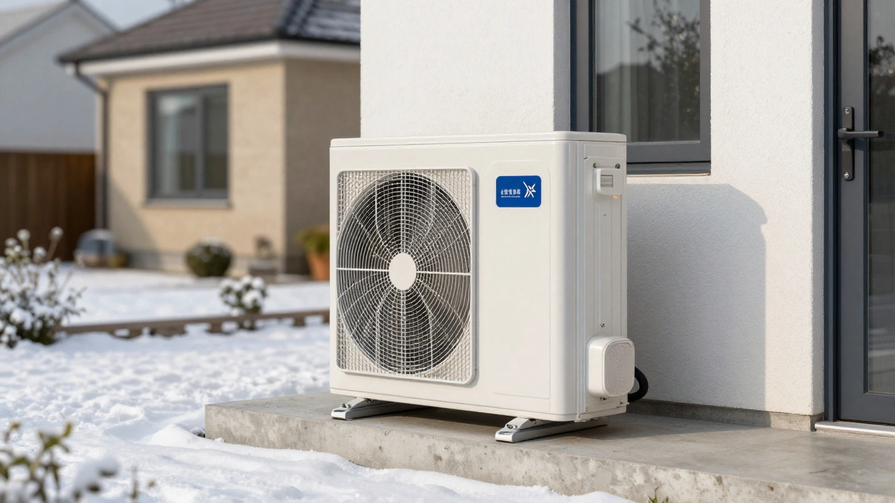 A modern air source heat pump installed outside a house in winter