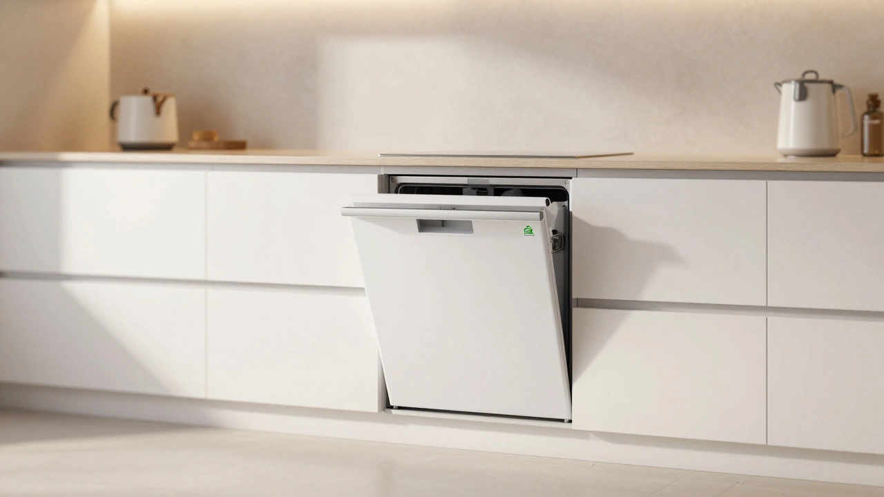 A modern, energy-efficient dishwasher installed in a clean, bright minimalist kitchen