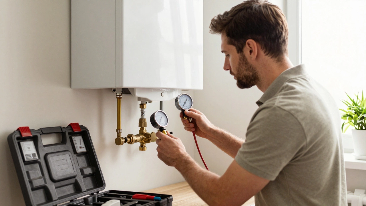 A professional engineer servicing a home boiler with tools