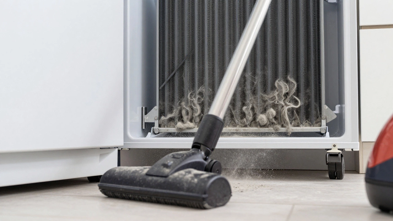 A vacuum cleaner brush removing dust and pet hair from freezer condenser coils.