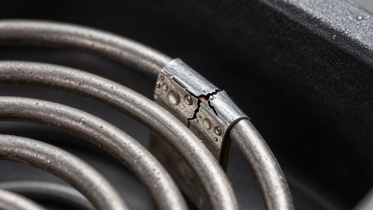 Close-up of a damaged oven heating coil with visible blisters and a crack