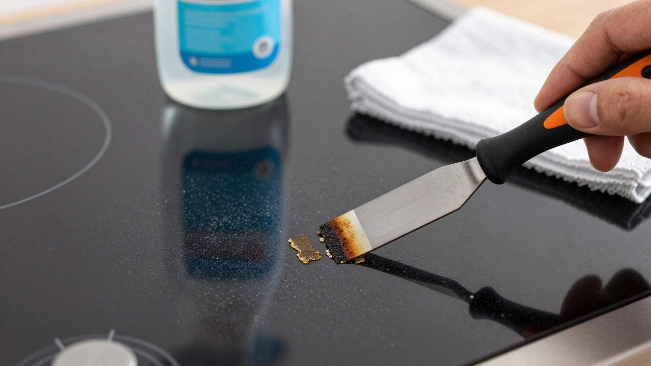 Close-up of a glass scraper cleaning a black induction hob surface